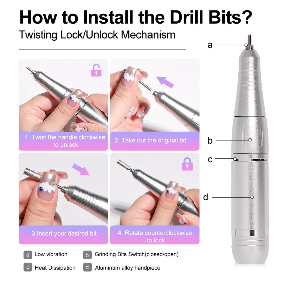 Ponceuse à ongles rechargeable 45 000 tr/min avec écran LCD, faible niveau sonore, ponceuse à ongles professionnelle et kit d'accessoires pour ongles