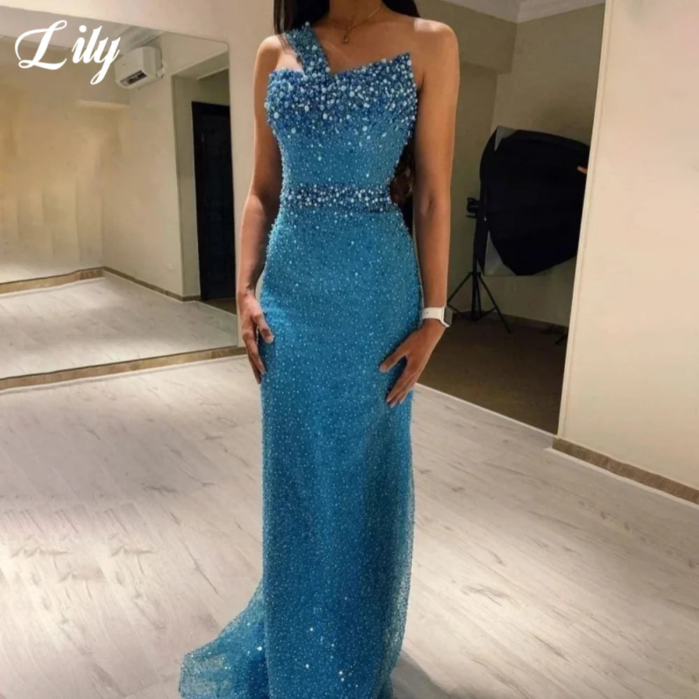 Robe de bal Lily Blue somptueuse ornée de strass, robe de soirée asymétrique sans manches, perles et sequins, robe sirène sur mesure