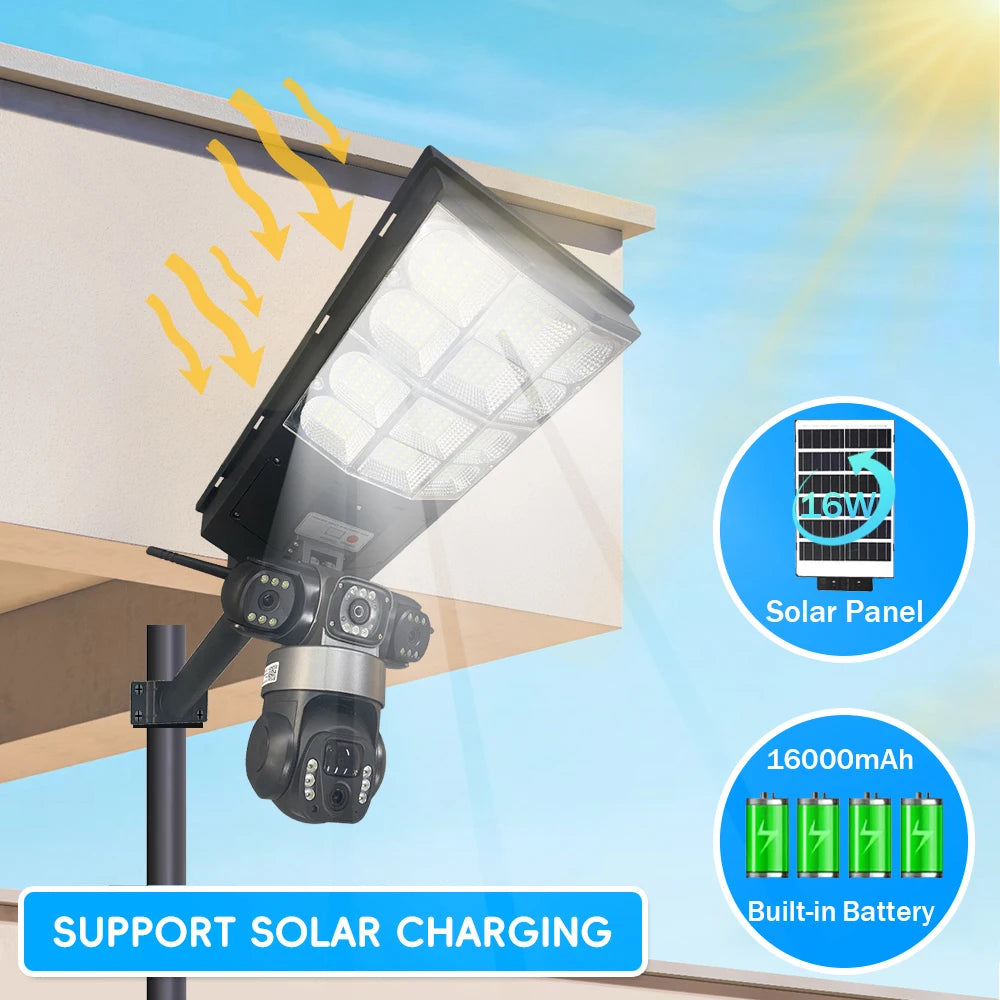 Caméra solaire capteur réverbère LED 3 Modes d'éclairage trois objectifs 4G 15MP caméras de Surveillance extérieure IP66 étanche télécommande