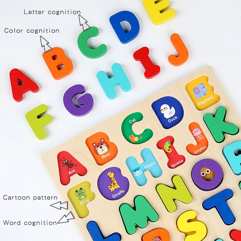 Puzzle en bois Montessori pour enfants - Jeu éducatif alphabétique, arithmétique, numérique et géométrique pour l'apprentissage préscolaire