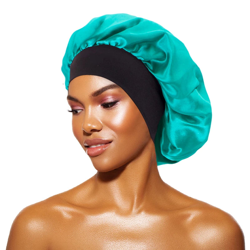 Bonnets solides en Satin pour femmes, Bonnet de bain à larges bords pour dormir la nuit, unisexe, bandeau élastique, Bonnet de soins capillaires