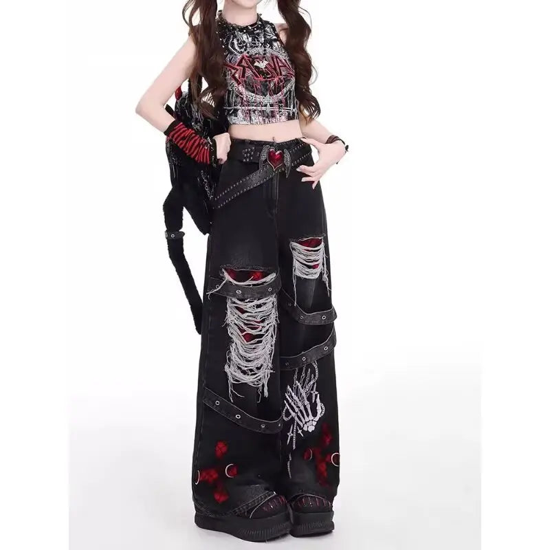 Pantalon en denim ample et décontracté pour fille épicée, style américain, punk rétro lavé, à la mode, polyvalent, décontracté