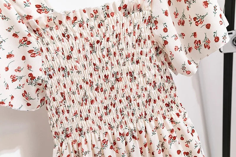 Printemps été robe en mousseline de soie femmes robes mi-longues femme manches courtes taille élastique imprimé fleuri plissé dos nu tenue décontractée