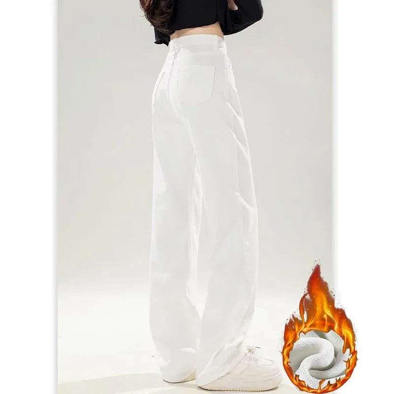 Jean droit thermique en polaire coréenne pour femme et fille, pantalon en Denim, chaud et décontracté, taille haute, jambes amples, pour tous les jours, hiver