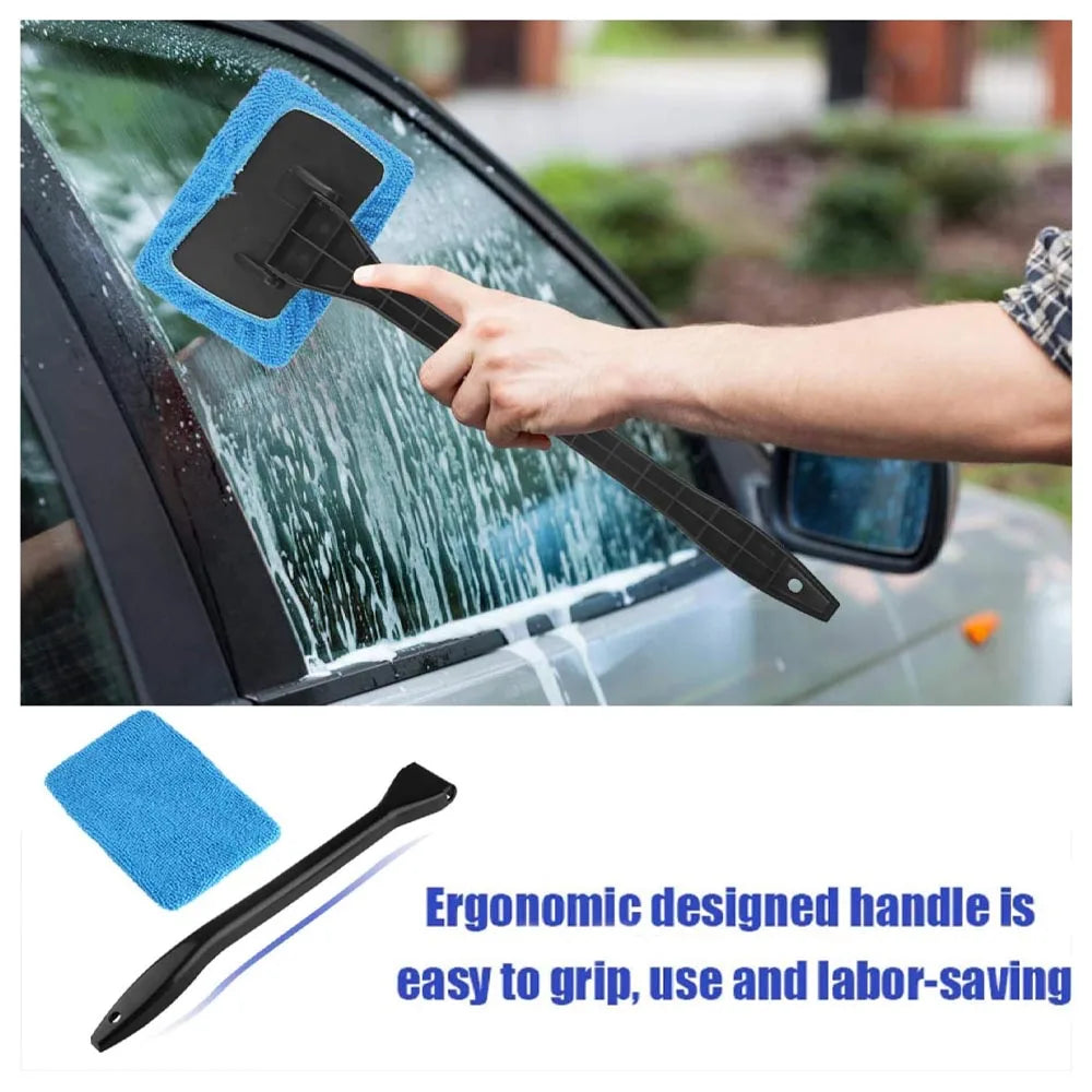 Kit de brosse de nettoyage de vitres de voiture, outil de nettoyage de pare-brise en microfibre, essuie-glace intérieur de voiture, essuie-glace à long manche, tampon en tissu réutilisable
