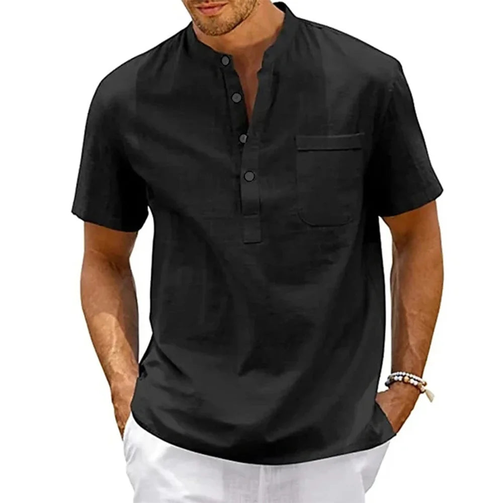 Chemise en coton et lin pour homme, col Henley, poche, manches courtes, style décontracté, couleur unie, style streetwear vintage