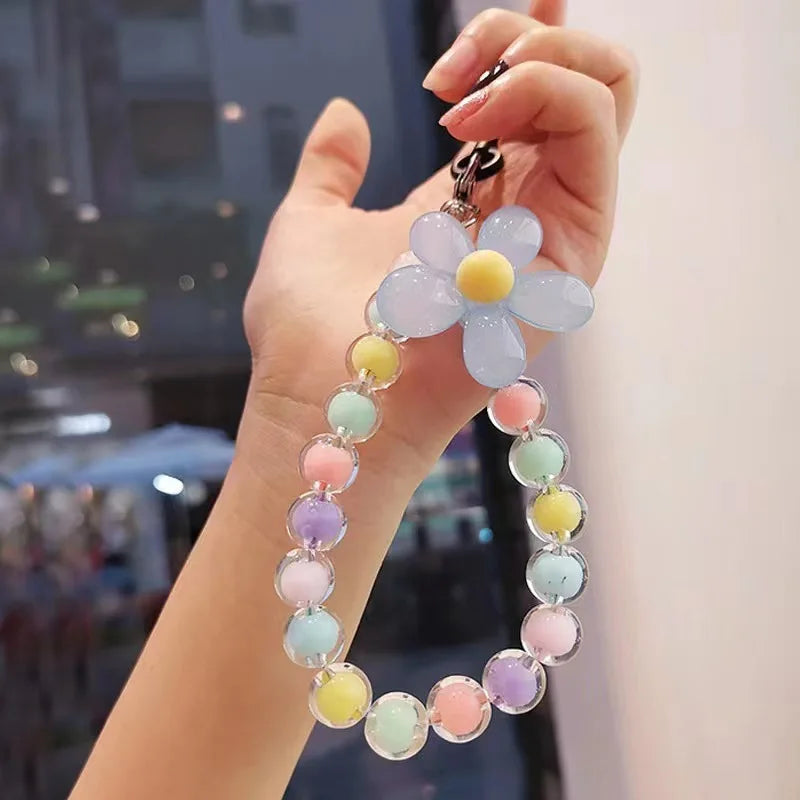 Lanière de téléphone Anti-perte pour clé, pendentif de poignet court, Macaron coloré, perle ronde, chaîne à main pour femmes, lanière de téléphone portable