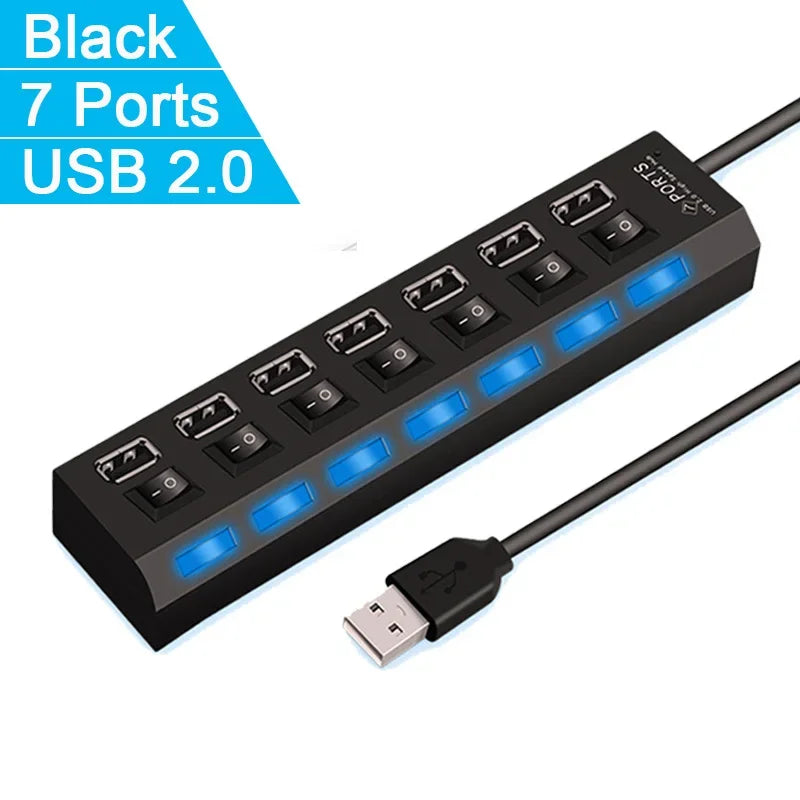 Hub d'extension USB 2.0 à 7 ports pour ordinateur portable ou de bureau