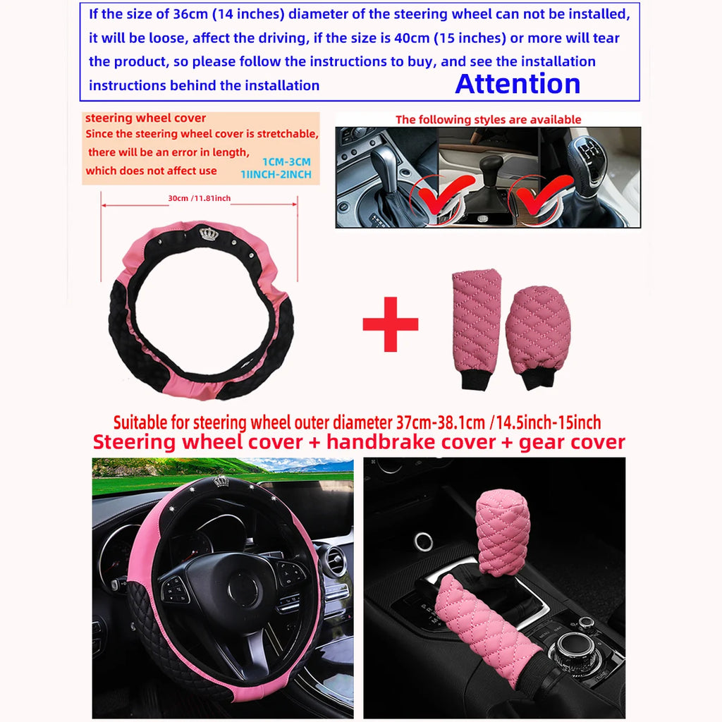 Couronne en cuir PU avec incrustations de diamants pour voiture, sans anneau intérieur, couvercle de volant, couvercle de changement de vitesse, couvercle de frein à main, 3 pièces