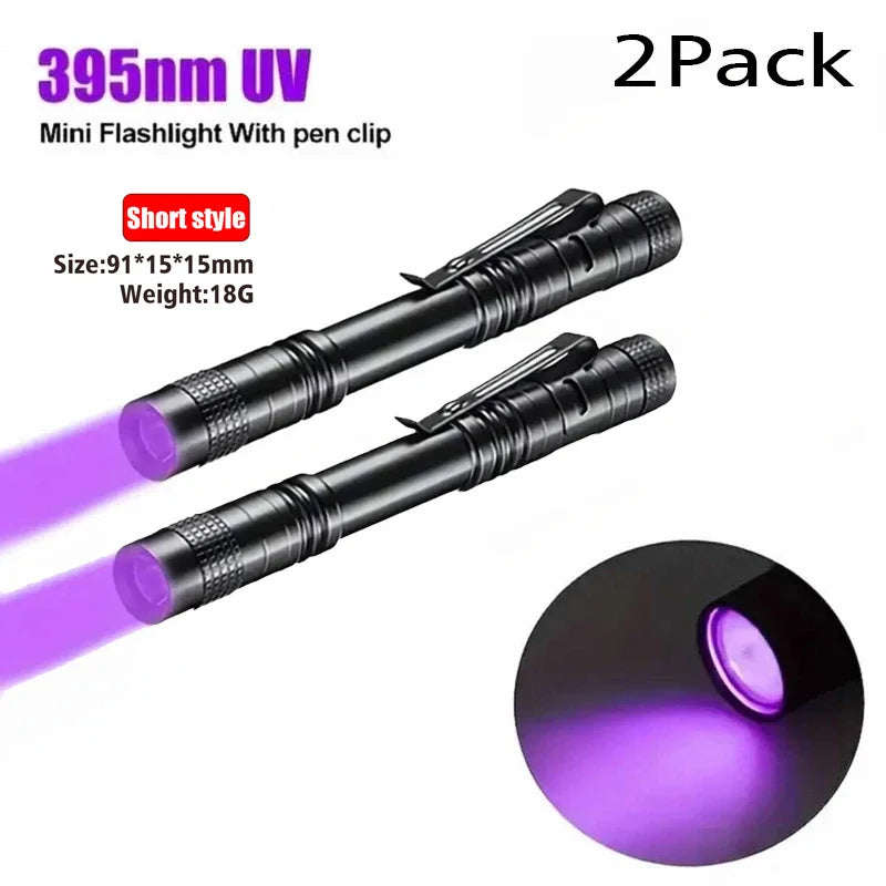 Lampe de poche UV 395nm, torche ultraviolette avec pince à stylo, piles AAA portables utilisées, lumière violette, détecteur d'urine d'animaux domestiques, lampe UV