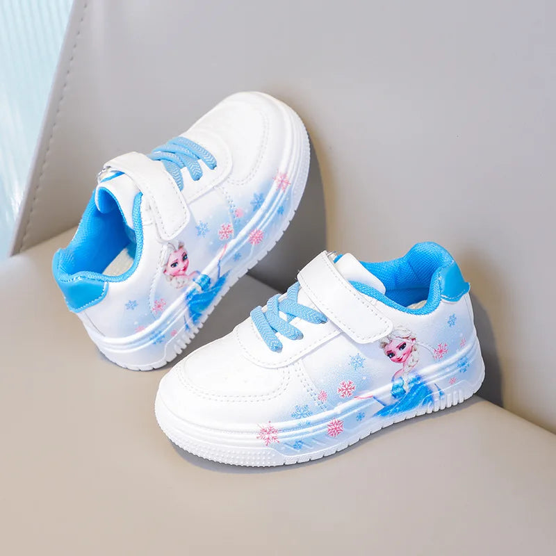 Chaussures blanches Disney pour filles, en cuir PU, motif princesse Elsa de La Reine des Neiges, chaussures de sport plates imperméables pour bébé fille, pointure