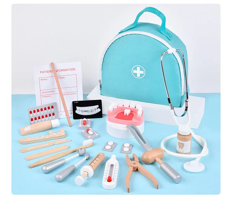 Jeu de rôle en bois de docteur pour enfants : simulation de dentiste, brossage de dents et médicaments