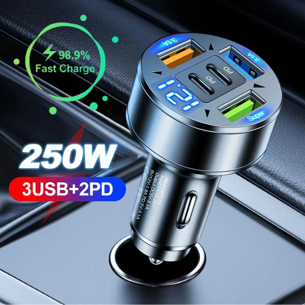 Chargeur de voiture 250 W à 5 ports, charge rapide PD QC3.0, adaptateur secteur USB-C pour iPhone, Samsung, Huawei et Xiaomi. Compatible avec les tensions indiquées