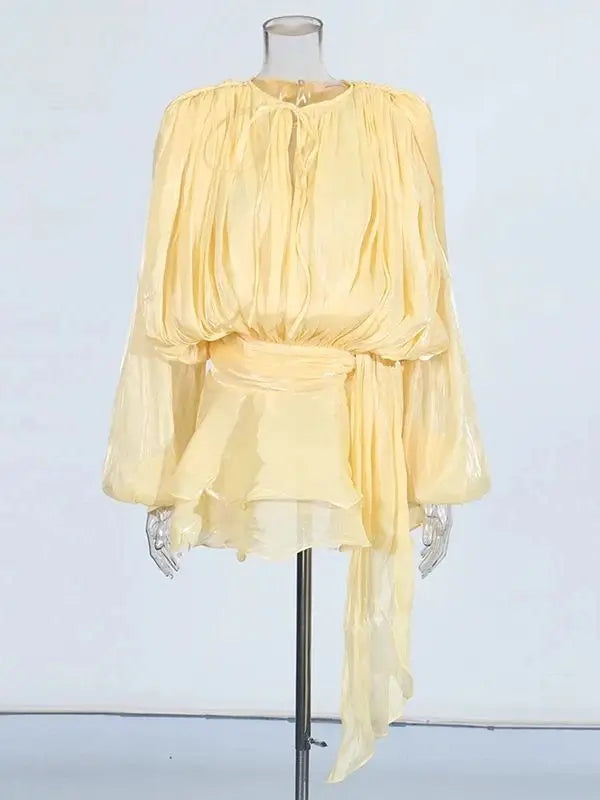 TWOTWINSTYLE – Mini robe chemisier unie pour femmes, col en V, manches longues, à lacets épissés, Style doux, vêtements féminins à la mode