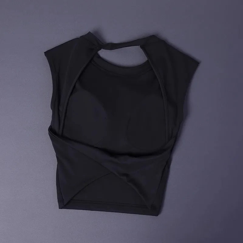 T-shirt de sport court, dos nu, avec coussinet de poitrine fixe, gilet moulant pour femmes, haut de yoga sans manches à séchage rapide