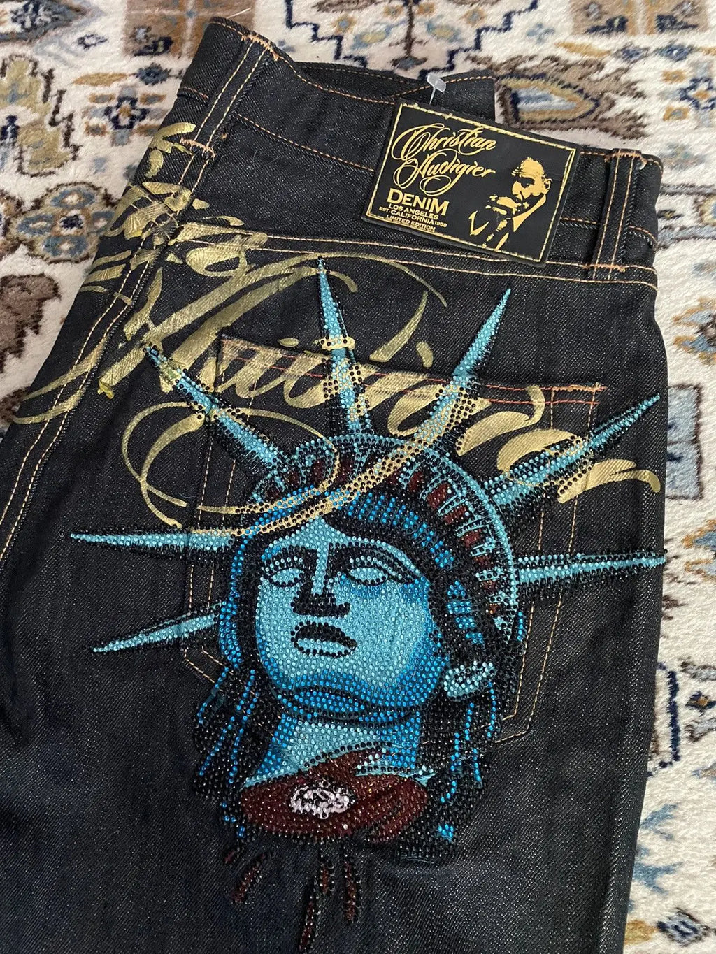 Vintage Statue de la liberté diamants jean pantalon en denim décontracté taille haute droite jambe large jean Harajuku Y2k années 2000 vêtements pour femmes