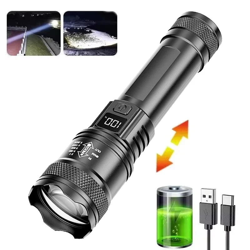 Lampe de poche LED puissante avec affichage de batterie, Rechargeable par USB, Zoom télescopique, torche, lanterne pour Camping en plein air, pêche, 9900lm