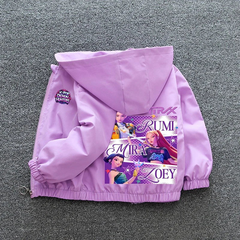 K-pop Demon Hunters 2026 Manteau coupe-vent printemps-automne pour enfants et adolescentes, imprimé dessin animé, veste à capuche imperméable