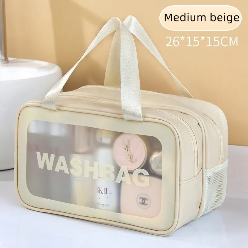 Sac de maquillage en PU transparent double séparation sec-humide, sac de lavage portable, sac de rangement pour cosmétiques, voyage, fitness, natation, essentiels