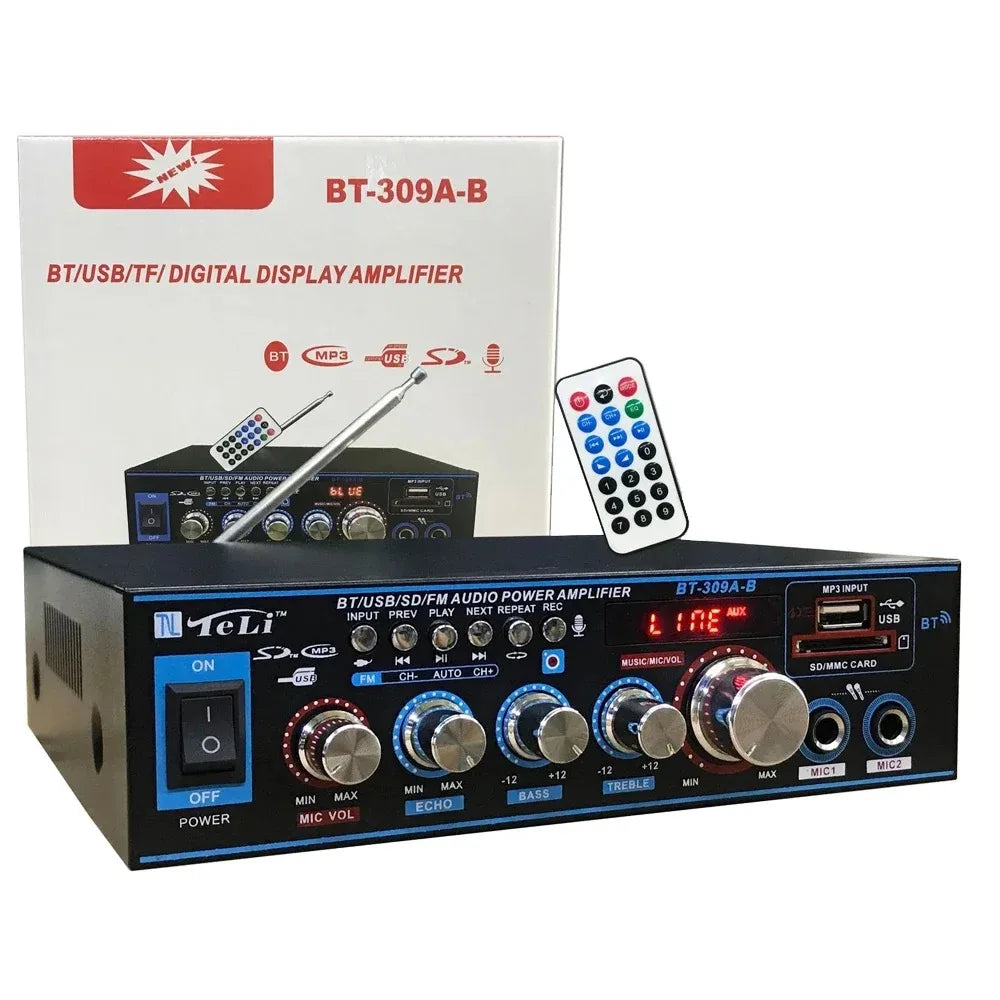 Amplificateur audio miniature BT-309A-B 35 W x 2 / Bluetooth USB SD FM AUX Entrée micro avec écho / Alimentation DC 12 V / AC 220 V