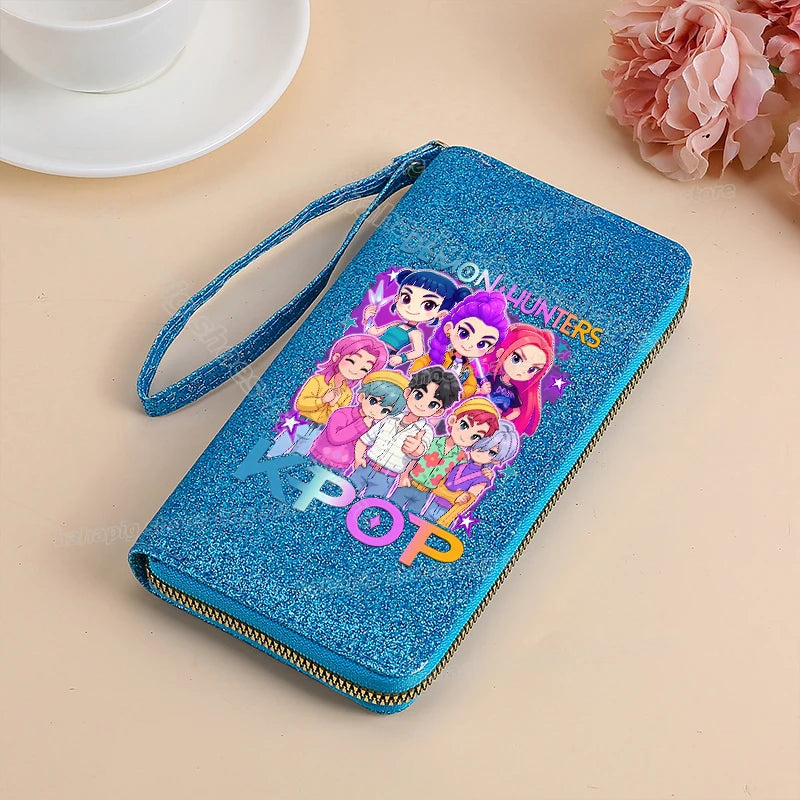 Portefeuille long KPop Demon Hunters pour femmes, à paillettes et fermeture éclair, en cuir PU, porte-monnaie, porte-cartes d'identité, pochette pour femme