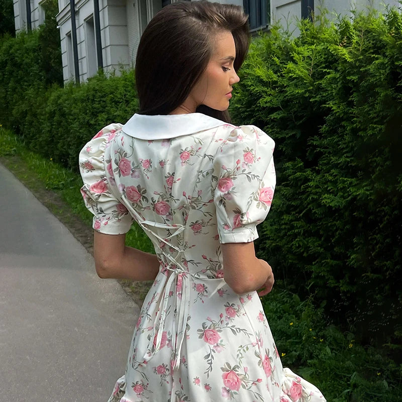 Tornova imprimé manches bouffantes robe à volants femmes col en v taille haute perles boutons Mini robe femme décontracté vacances robe de mode