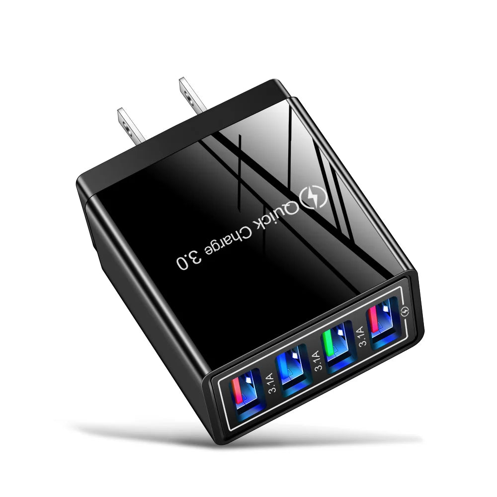 Chargeur secteur 3,1 A (UE/US) avec 4 ports USB pour la maison et les voyages, compatible avec iPhone 12, 13, 14, 15 Pro Max, Samsung, Xiaomi et Huawei