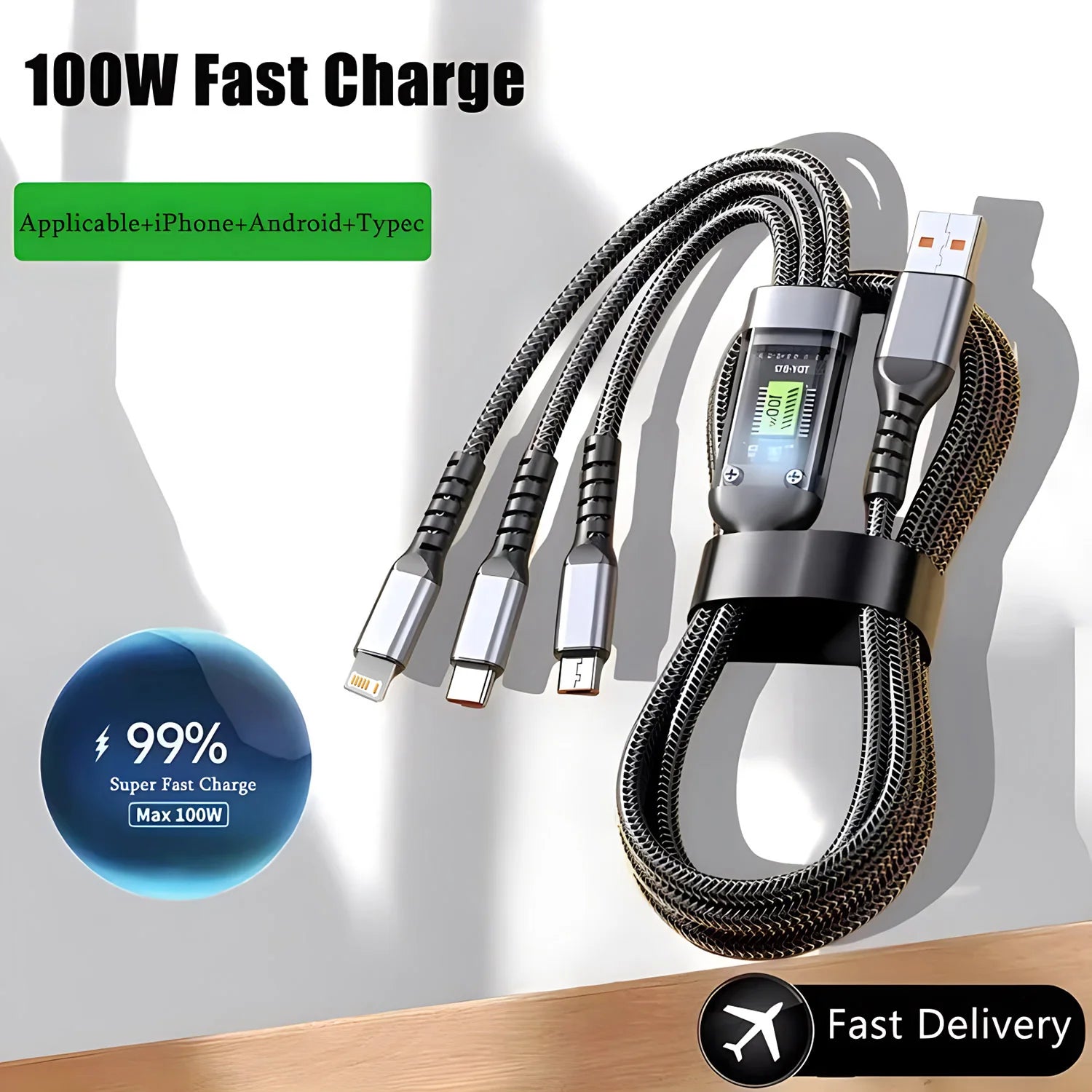 Câble de charge rapide Transparent 3 en 1 100w, Micro USB Type C, pour iPhone 15, Samsung, Huawei, chargeur de lampe pilote, câble de données USB C 6A
