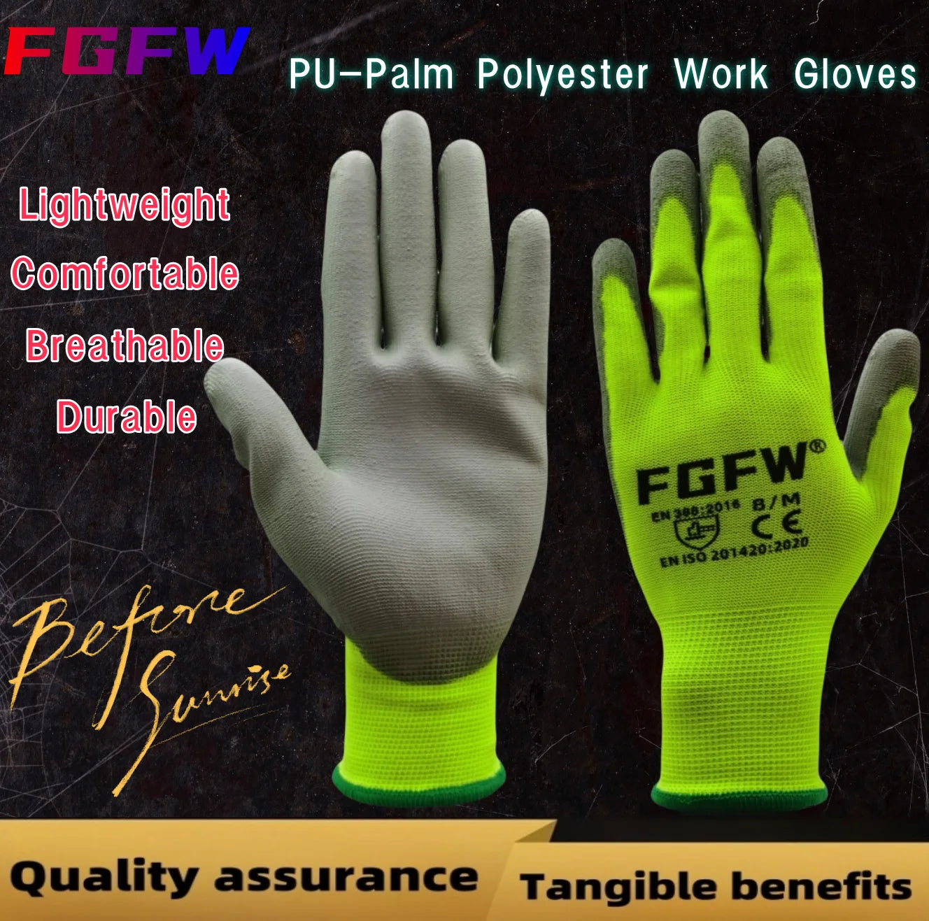 10 paires de gants de travail enduits de PU - Gants de sécurité légers et résistants, certifiés EN 388/ISO 20471, tailles S/M/L/XL