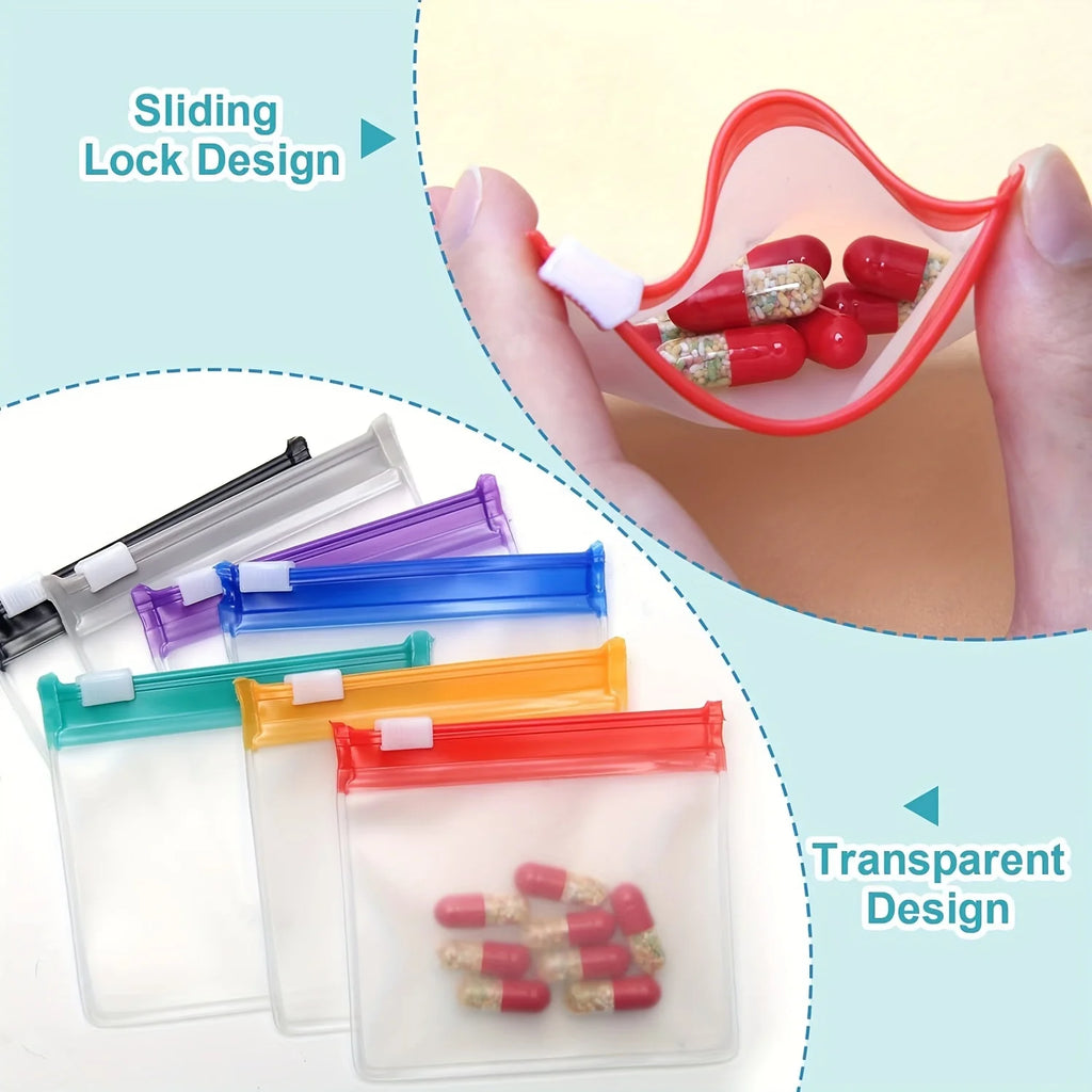 Sacs à pilules 7 pièces, ensemble de pochettes à pilules réutilisables à fermeture éclair, organisateur de médicaments 7 couleurs auto-scellantes, sacs à médicaments translucides Trave
