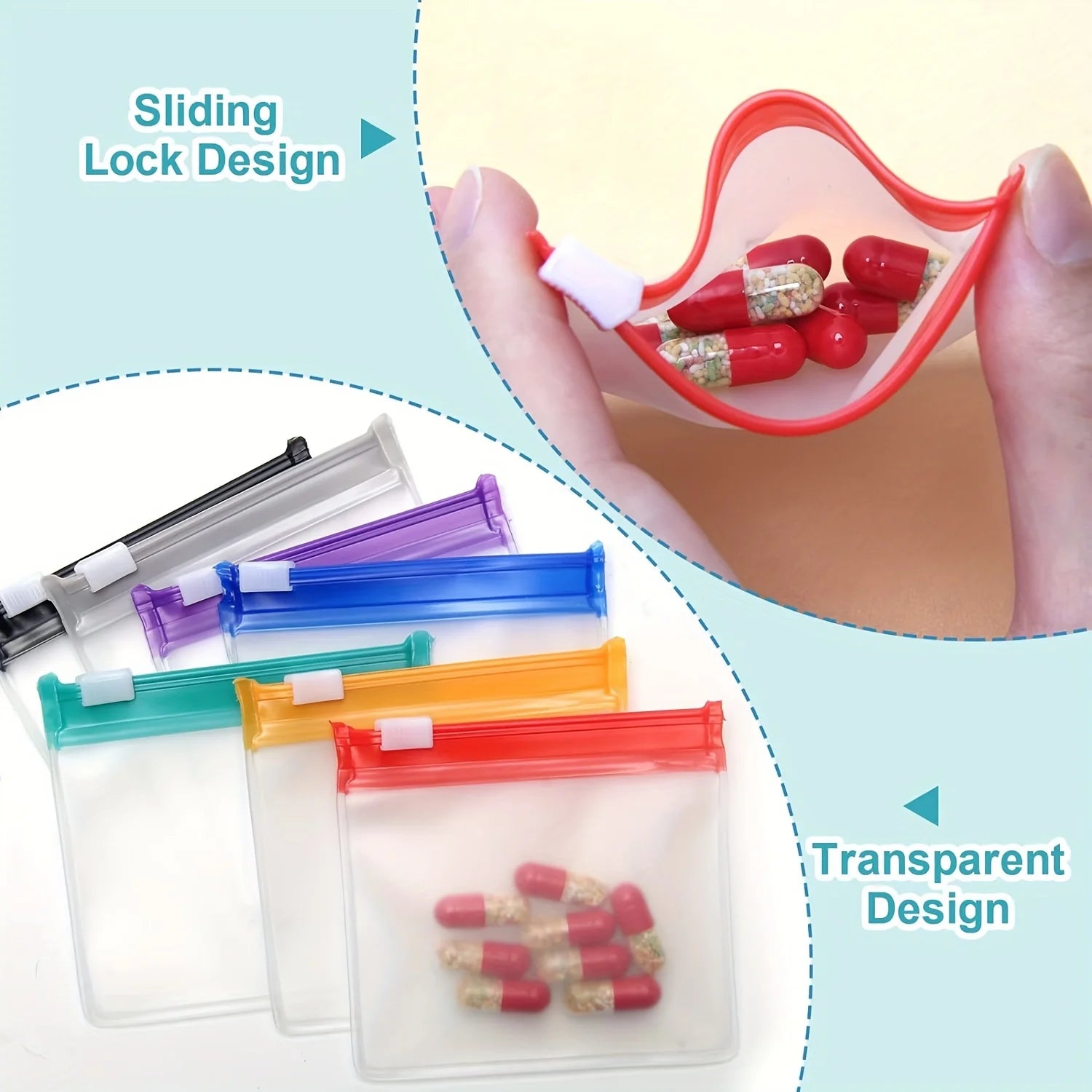 Sacs à pilules 7 pièces, ensemble de pochettes à pilules réutilisables à fermeture éclair, organisateur de médicaments 7 couleurs auto-scellantes, sacs à médicaments translucides Trave
