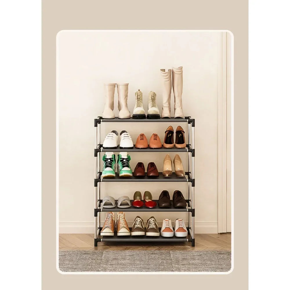 Étagère à chaussures élégante en métal, simple et peu encombrante, noire, idéale pour le salon.