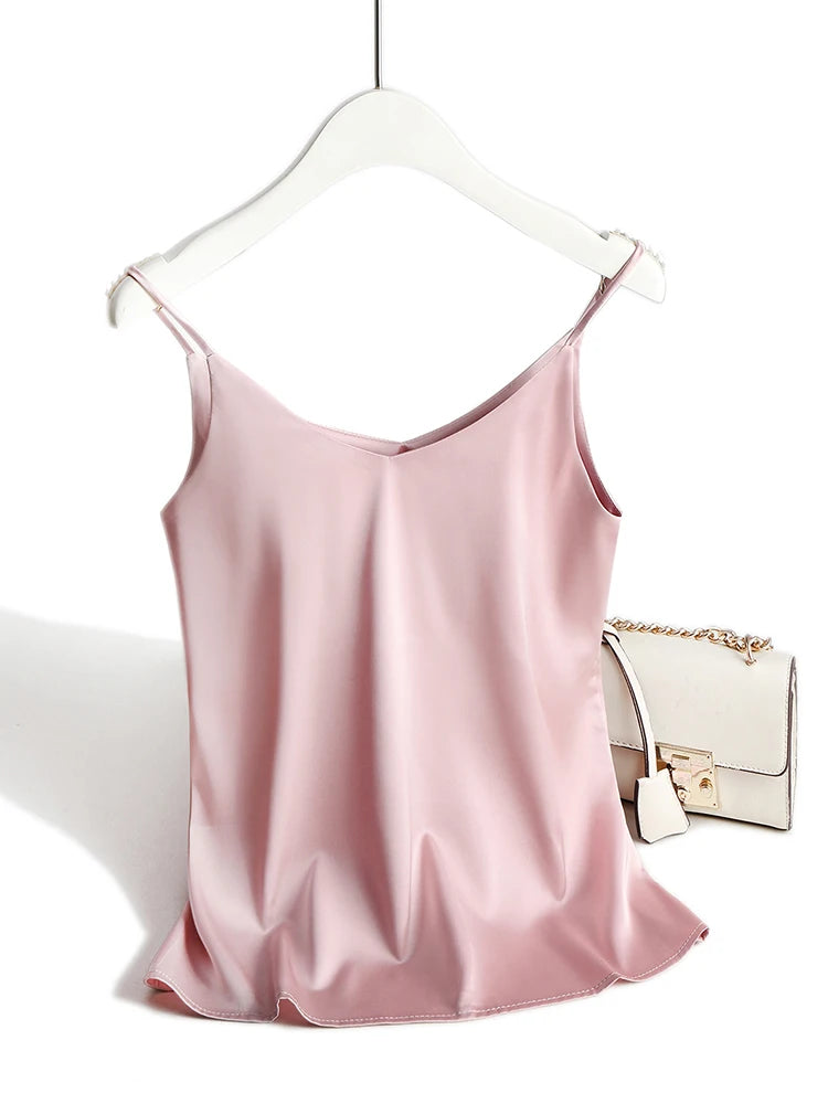AOSSVIAO 2025 Spaghetti sangle haut femmes licou col en V basique blanc Cami sans manches Satin soie débardeurs femmes été Camisole