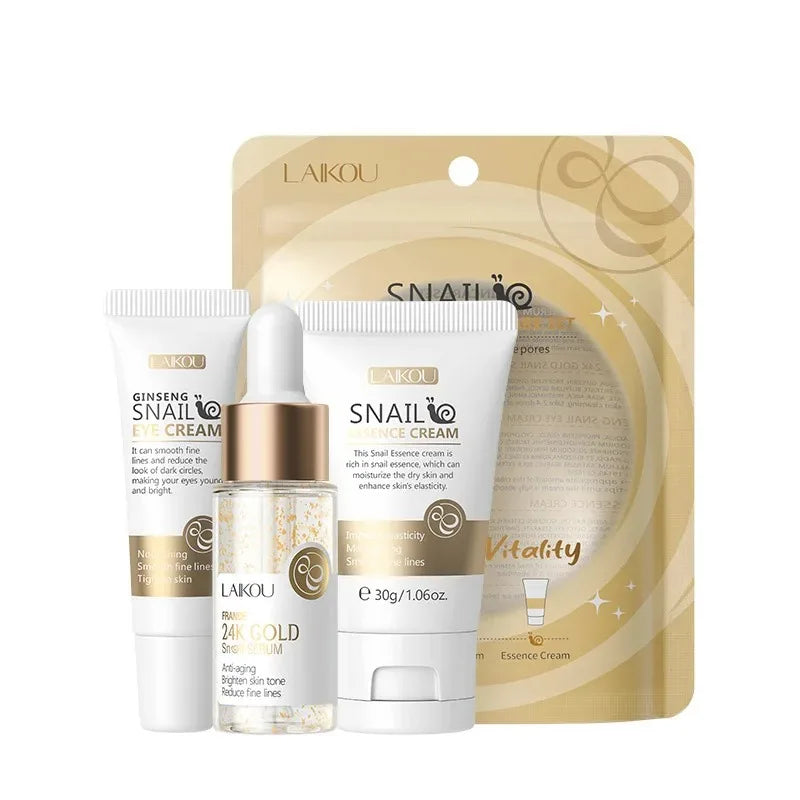 3pcs/set LAIKOU Ensemble de soins de la peau Vitamin C Sakura Essence d’escargot Sérum & Crème pour les yeux et le visage Hydratant Taille de voyage Ensemble de soins de la peau