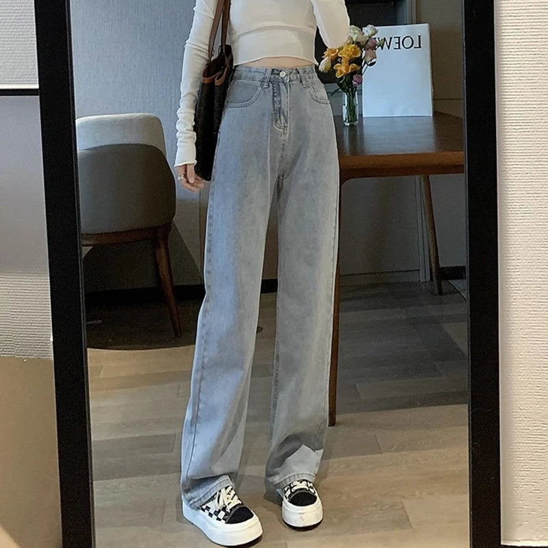 Jean Vintage à jambes larges pour filles, pantalon taille haute, mode féminine, noir, gris, rétro, bleu clair, rose, Denim