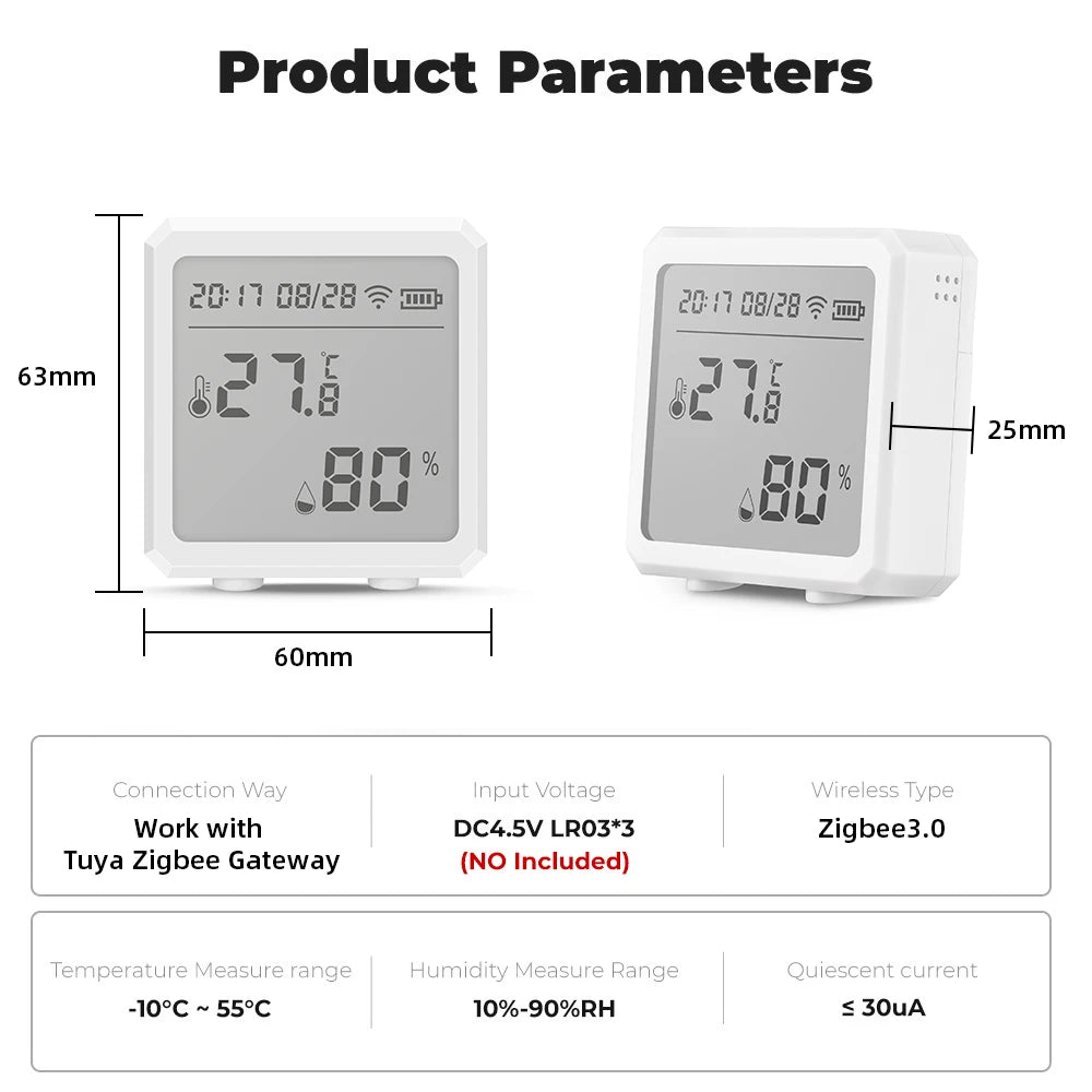 Zigbee – capteur de température et d'humidité, avec application Tuya, écran LCD, affichage numérique, thermomètre sans fil, fonctionne avec la couleur noir ou blanc