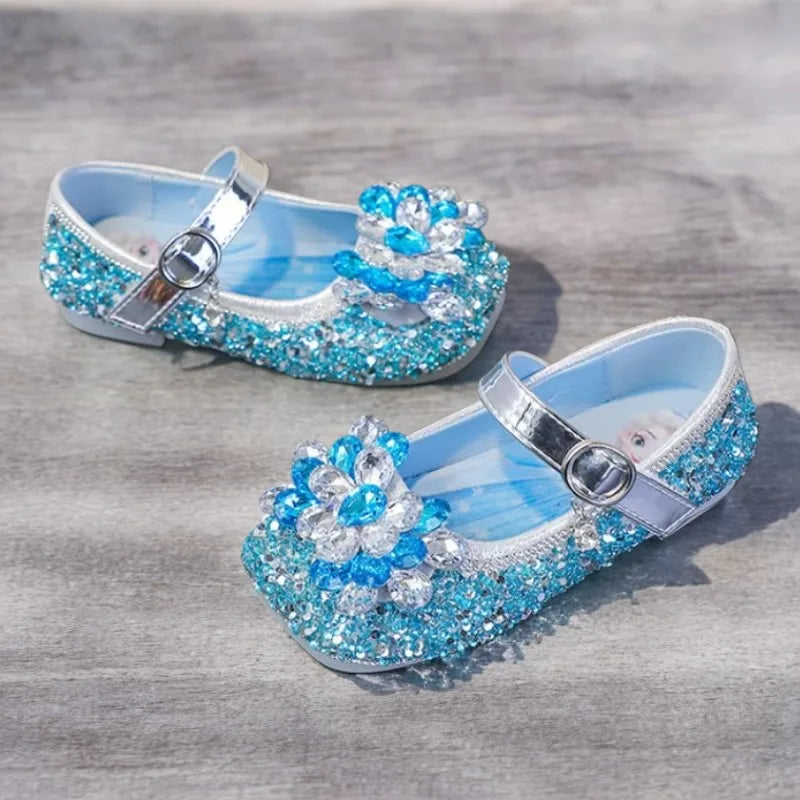 Chaussures décontractées pour enfants Elsa Princesse La Reine des Neiges en cuir PU à paillettes et cristaux, semelle souple antidérapante, violet et bleu, pointures 23 à 34