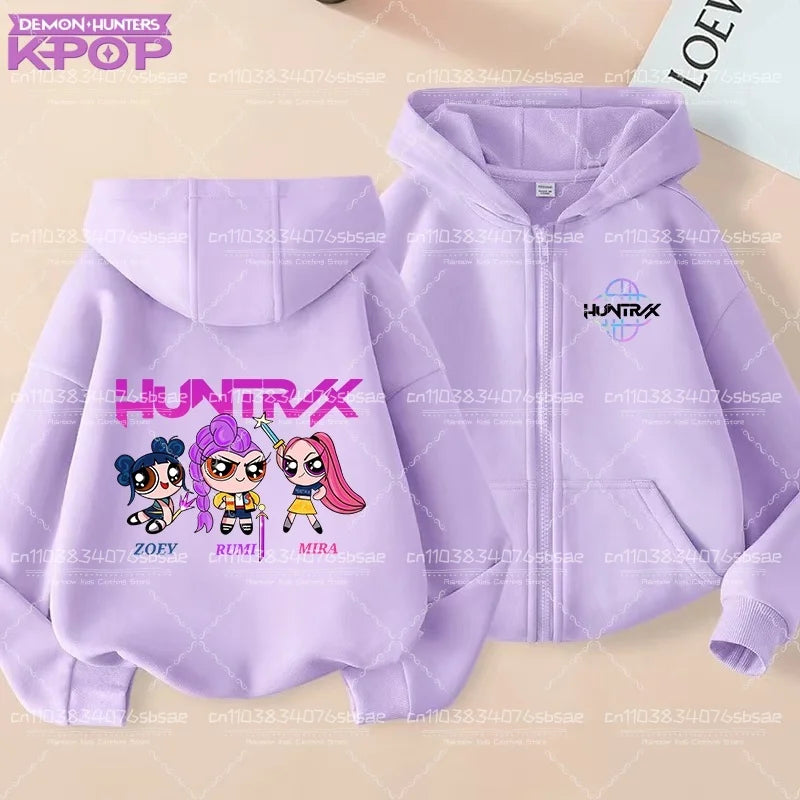 Pull à capuche K-pop Demon Hunters pour enfants, style anime, veste zippée tendance, garçon/fille, printemps/automne