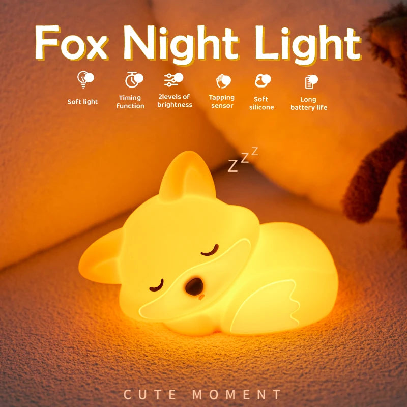 Lampe de nuit mignonne en silicone souple, renard et lapin, veilleuse de chambre d'enfant à intensité variable, rechargeable, avec minuterie et capteur tactile