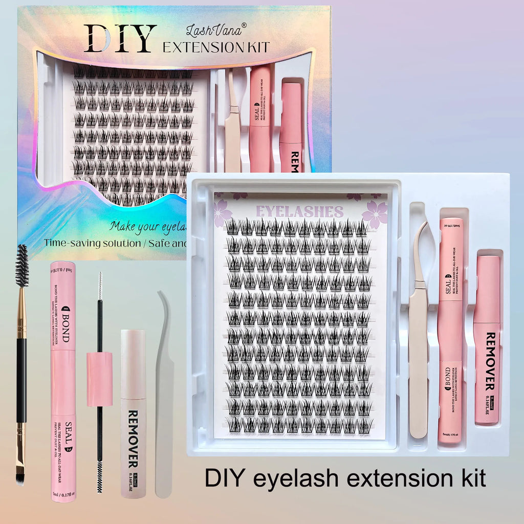 DiY Cluster Lashes Kit 200 Pcs: 8-16mm Mixed, Bond & Seal Glue, Tweezers for Natural Self Application Look