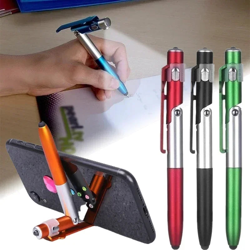 Stylo à bille multifonction 4 en 1 avec lumière LED, support de téléphone pliable, crayon d'écriture de lecture nocturne, papeterie de bureau et d'étudiant