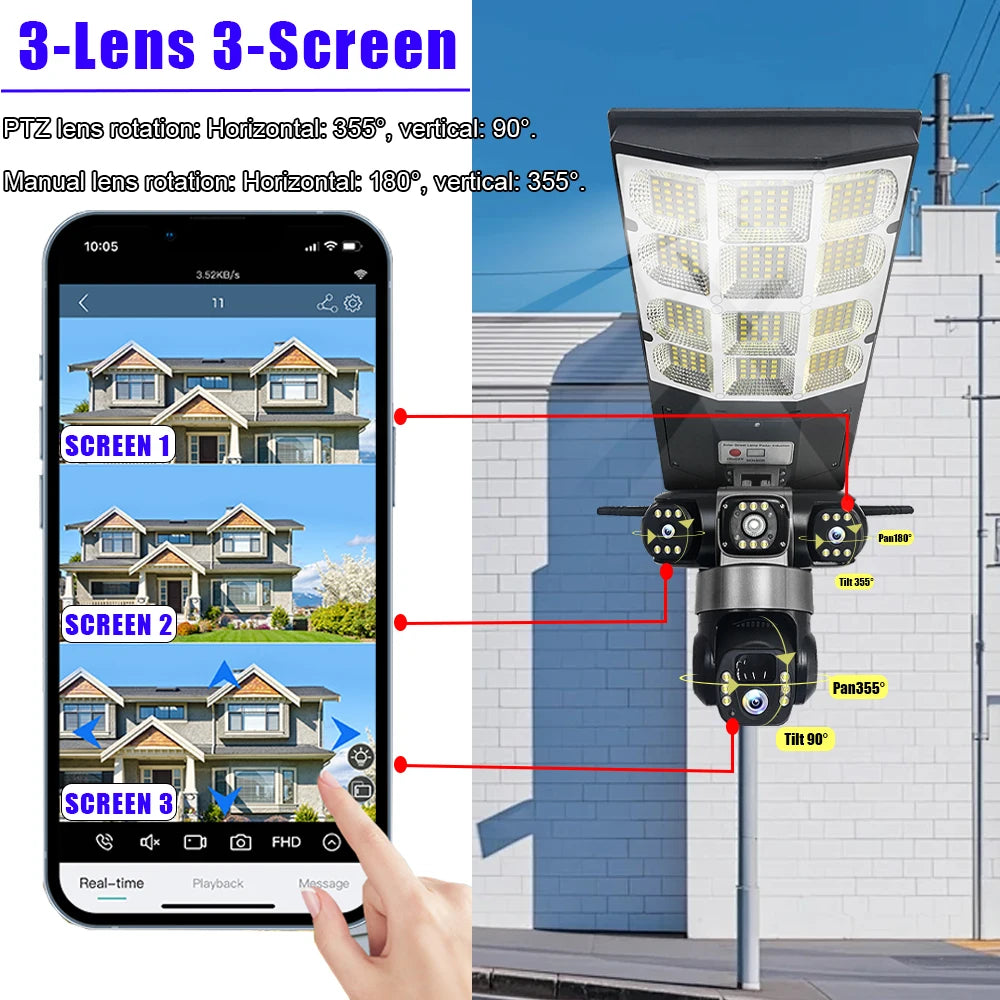 Caméra solaire capteur réverbère LED 3 Modes d'éclairage trois objectifs 4G 15MP caméras de Surveillance extérieure IP66 étanche télécommande