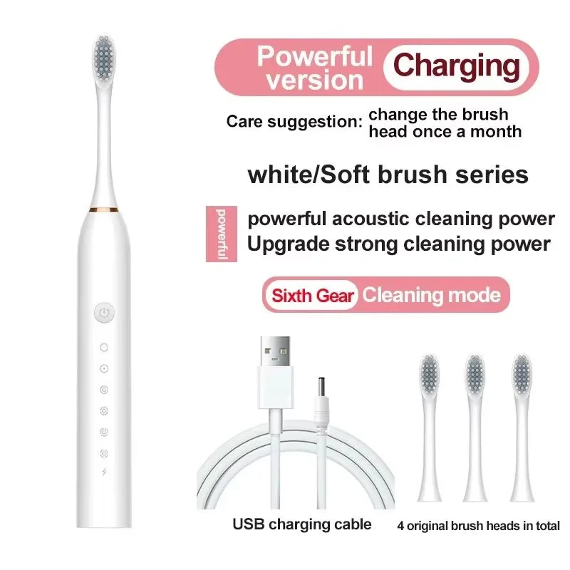 Brosse à dents électrique automatique à six vitesses, brosse à dents intelligente universelle à poils souples pour adultes et enfants, pour tous les âges