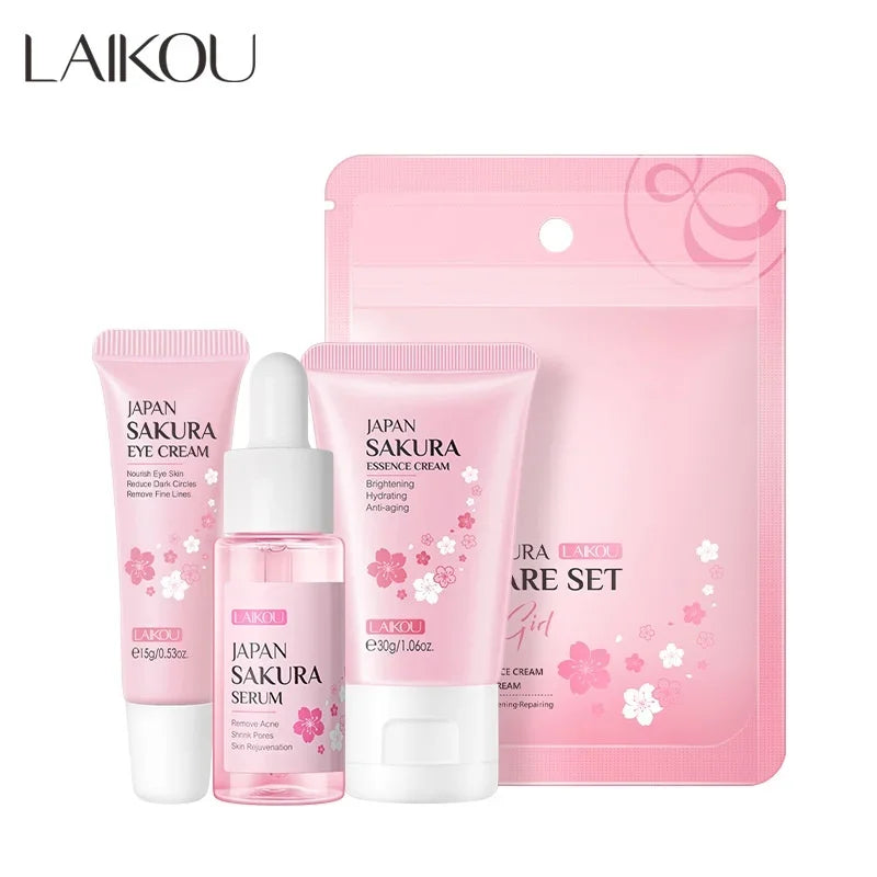3pcs/set LAIKOU Ensemble de soins de la peau Vitamin C Sakura Essence d’escargot Sérum & Crème pour les yeux et le visage Hydratant Taille de voyage Ensemble de soins de la peau