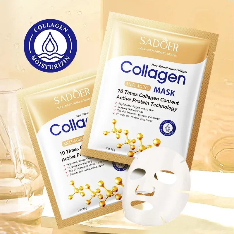 Masque visage au collagène SADOER (5/10/20/30 pièces) : raffermissant, hydratant, réparateur et éclaircissant. Soin du visage. Masque en tissu