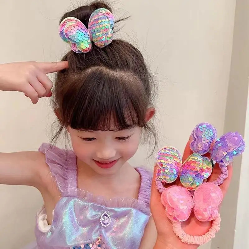 Clearance_3PCS Paillettes Corde À Cheveux Enfants Chouchous Grand Papillon Cravate Haute Queue De Cheval Tresse Fille Élastique Chapeaux Accès Aux Cheveux