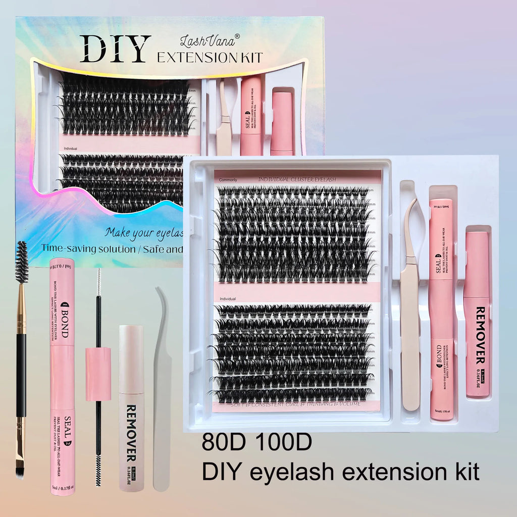 DiY Cluster Lashes Kit 200 Pcs: 8-16mm Mixed, Bond & Seal Glue, Tweezers for Natural Self Application Look