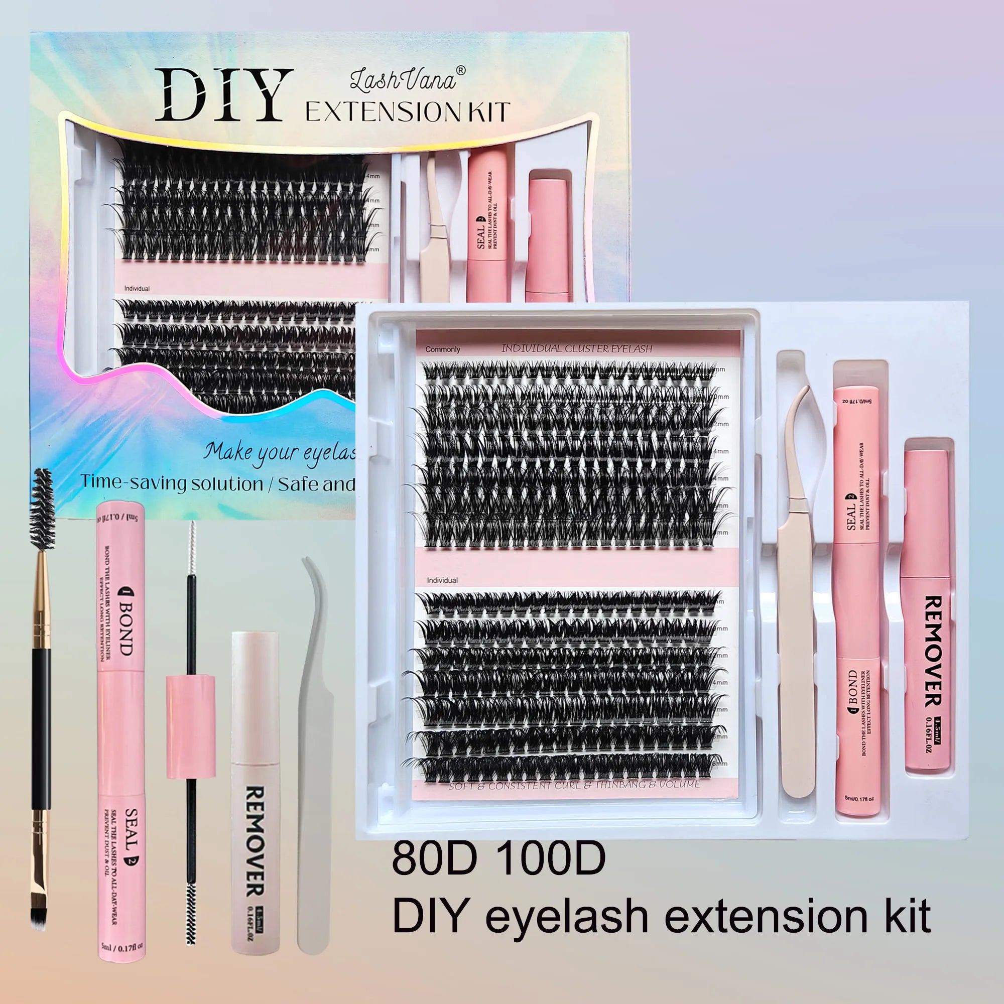DiY Cluster Lashes Kit 200 Pcs: 8-16mm Mixed, Bond & Seal Glue, Tweezers for Natural Self Application Look