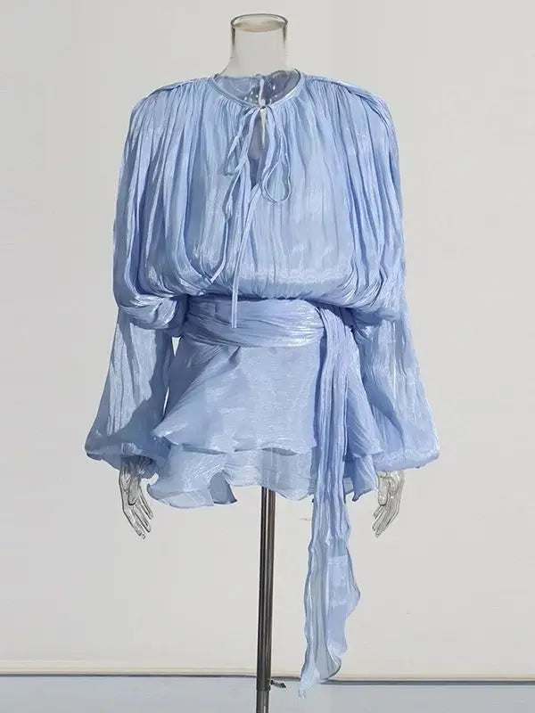 TWOTWINSTYLE – Mini robe chemisier unie pour femmes, col en V, manches longues, à lacets épissés, Style doux, vêtements féminins à la mode