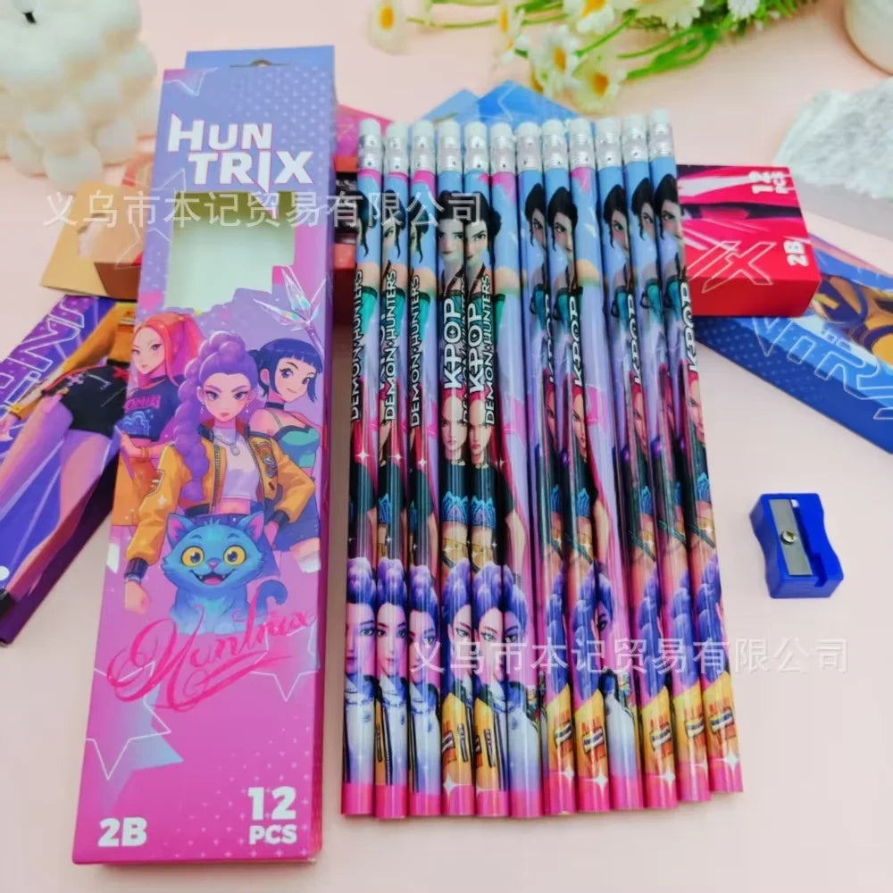 Lot de 12 crayons à dessin Kpop Demon Hunters Huntrix 2B en graphite de bois, pour une écriture fluide, idéaux pour l'école, le bureau et le dessin